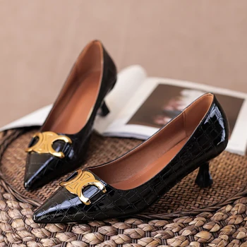 Дамски пролетно-есенна универсална работна обувки от котешки нокът с остър шарките на крокодилска кожа на висок ток в Черен Цвят от мека кожа