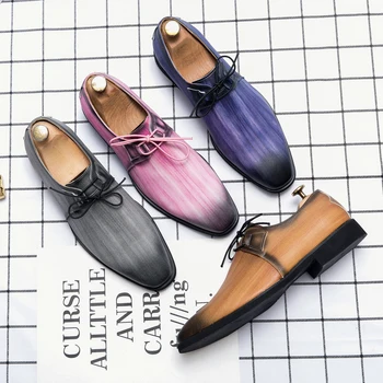 Модни обувки-Oxfords, мъжки обувки, Бизнес Ежедневни Обувки за Сватбени партита, ежедневни класически Однотонная обувки от изкуствена кожа с 3D Принтом, модел обувки дантела