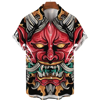 Ретро Оригинална Мъжка Риза Slim Fit Samurai Horror Японски Принт Camisa Masculina Извънгабаритни Ежедневни Улични Ризи И Блузи