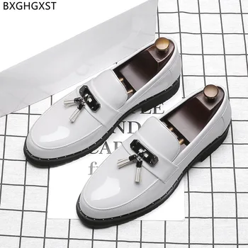Бели модела обувки, Мъжки Модни Обувки от Лачена Кожа за Мъже, Черни Мъжки лоферы с Пискюли, Луксозни Офис Обувки 2022 Chaussure Homme