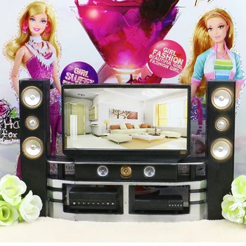 Модерен телевизор и комплект тонколони за Барби, Мебели за куклен театър у дома, Аксесоари за кукли