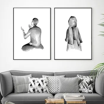 Черно-Бял Плакат Семейна Двойка Платно Картина На Абстрактното Изкуство Печат Ръцете Си Мюсюлманска Молитва Стенни Картина За Хола Начало Декор